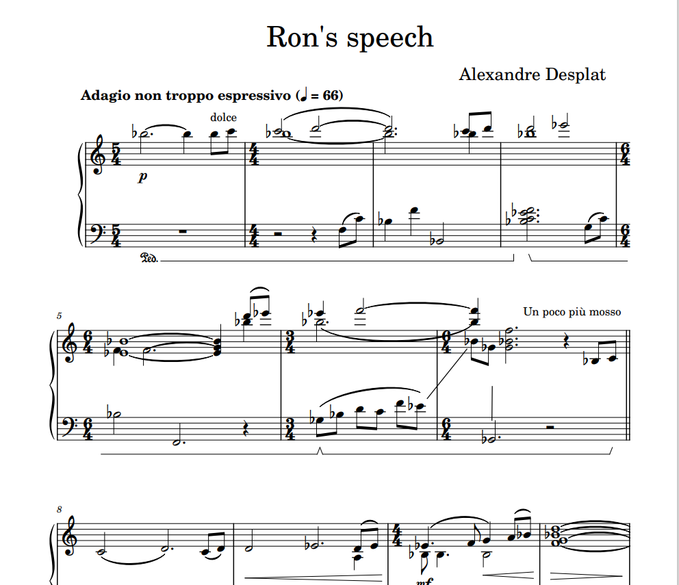 Alexandre Desplat - Ron 's speech sheet music for piano Theme from Harry Potter